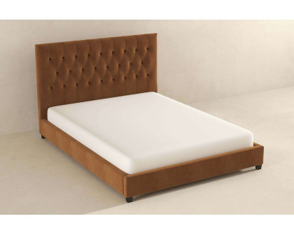 Ashcroft Donald Mid-Century Modern Velvet Platform Bed - Cognac, Queen Size