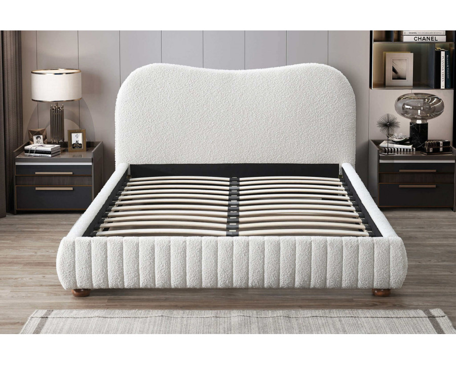 Ashcroft - Norme Boucle Upholstered Low Profile Platform Bed in Cream, Queen Size