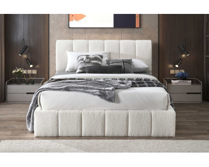 Ashcroft Hilar White Boucle Platform Bed - White, Queen Size