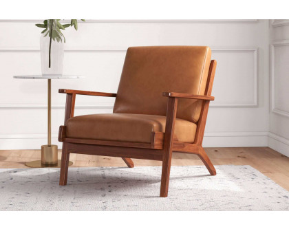 Ashcroft™ Connor Solid Wood Genuine Leather Lounge Chair - Tan