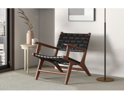 Ashcroft Melody Strap Leather Teak Wood Lounge Chair - Black