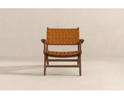 Ashcroft Melody Strap Leather Teak Wood Lounge Chair - Tan