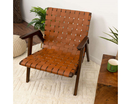 Ashcroft™ David Genuine Leather Teak Lounge Chair - Tan