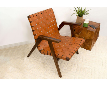 Ashcroft™ David Genuine Leather Teak Lounge Chair - Tan