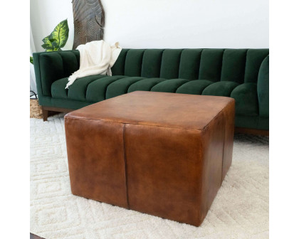 Ashcroft Mallory Mid-Century Square Genuine Leather Upholstered Ottoman - Tan