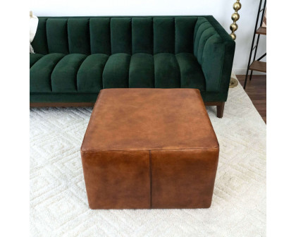 Ashcroft Mallory Mid-Century Square Genuine Leather Upholstered Ottoman - Tan