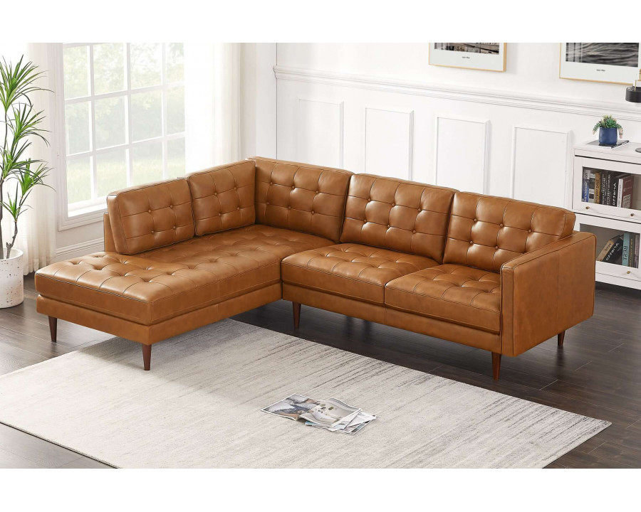 Ashcroft Lucco Genuine Leather Sectional - Cognac Tan, Left Facing