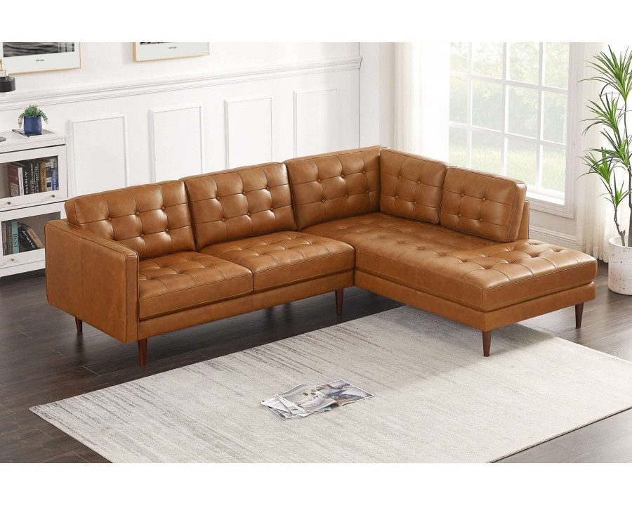 Ashcroft Lucco Genuine Leather Sectional - Cognac Tan, Right Facing