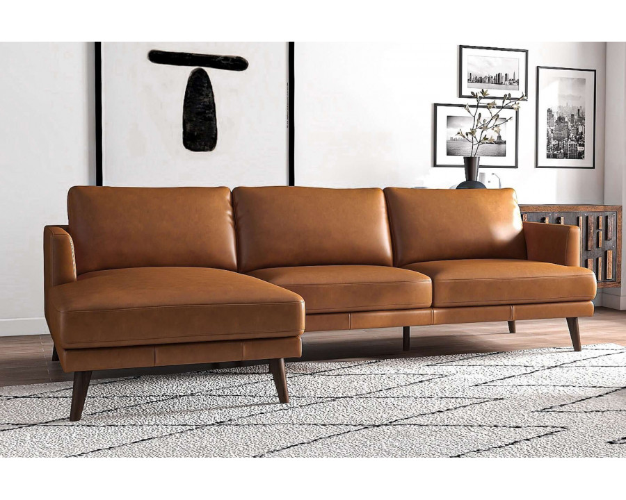 Ashcroft Lore L-Shaped Genuine Leather Sectional - Tan, Left Facing