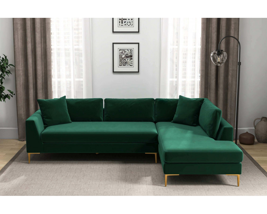 Ashcroft Mano L-Shaped Velvet Sectional Sofa - Green, Right Facing