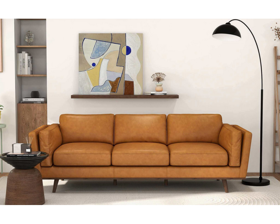 Ashcroft Chase Mid-Century Modern Genuine Leather Sofa - Tan