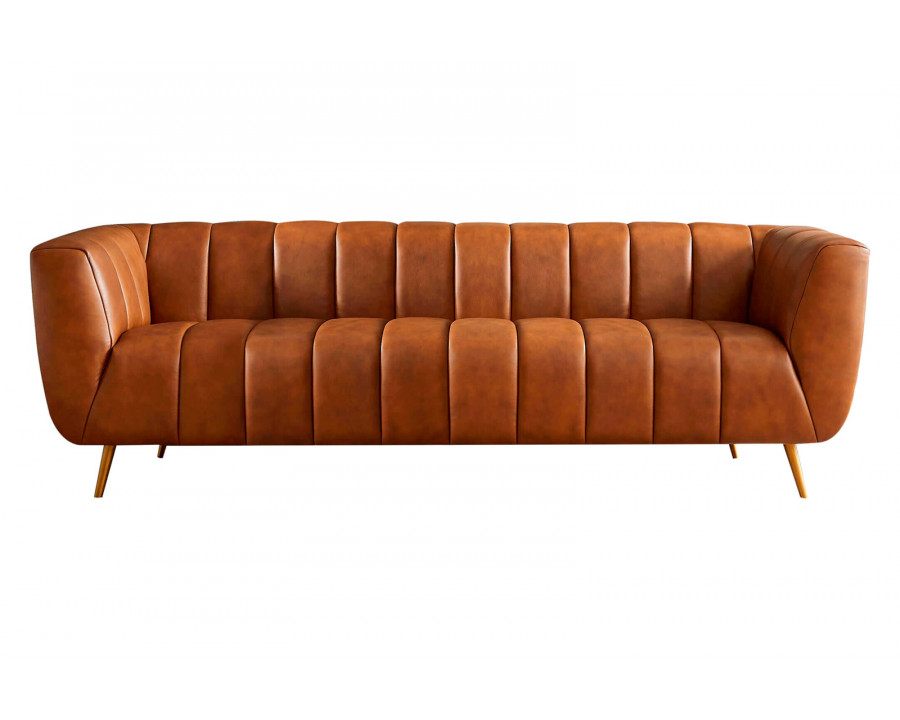 Ashcroft Ava Genuine Italian Leather Channel Tufted Sofa - Tan