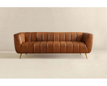 Ashcroft Ava Genuine Italian Leather Channel Tufted Sofa - Tan