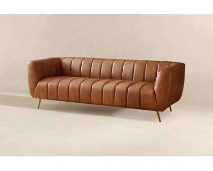 Ashcroft Ava Genuine Italian Leather Channel Tufted Sofa - Tan