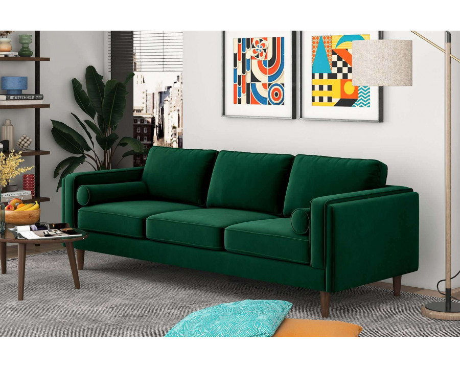 Ashcroft Amber Mid-Century Modern Luxury Modern Velvet Sofa - Dark Green