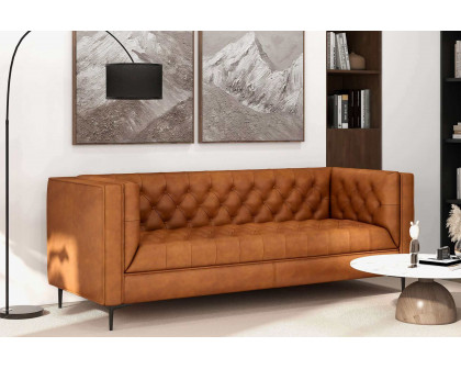 Ashcroft Evelyn Mid-Century Modern Leather Luxury Chesterfield Sofa - Cognac