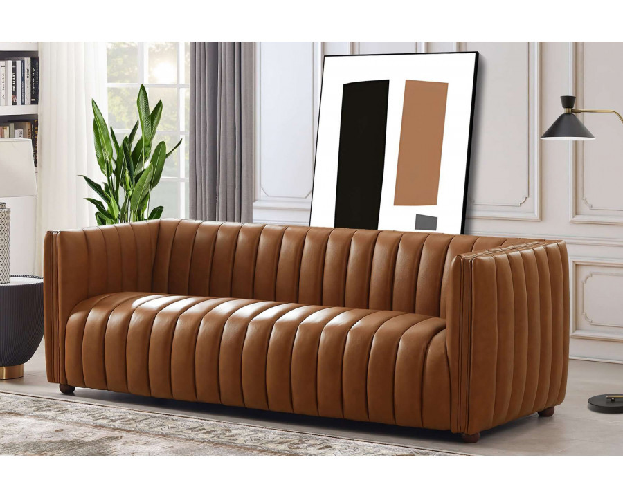 Ashcroft April Mid-Century Modern Luxury Tight Back Leather Couch - Cognac Tan