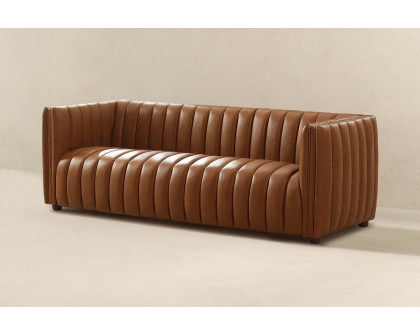 Ashcroft April Mid-Century Modern Luxury Tight Back Leather Couch - Cognac Tan