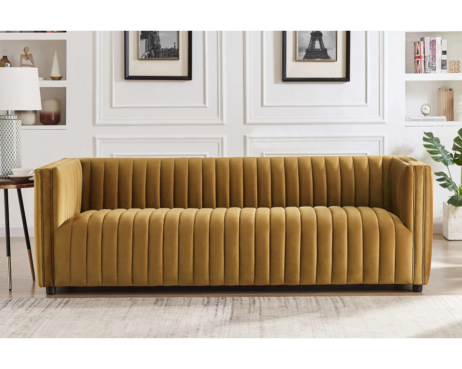 Ashcroft Dominic Channel Tufted Velvet Sofa - Yellow