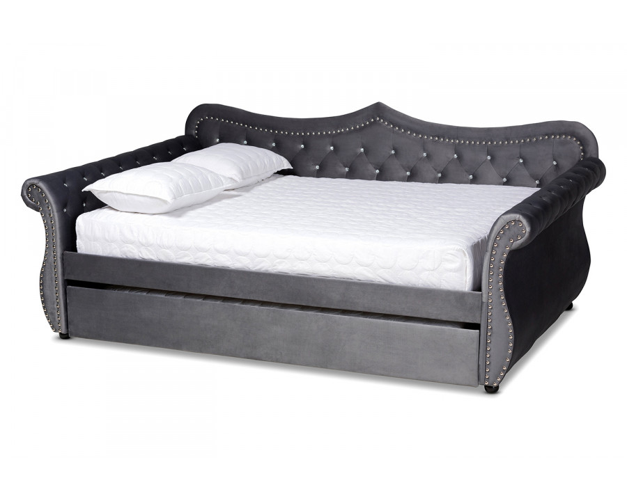 Baxton Abbie Traditional Full Size Daybed with Trundle - Gray Velvet