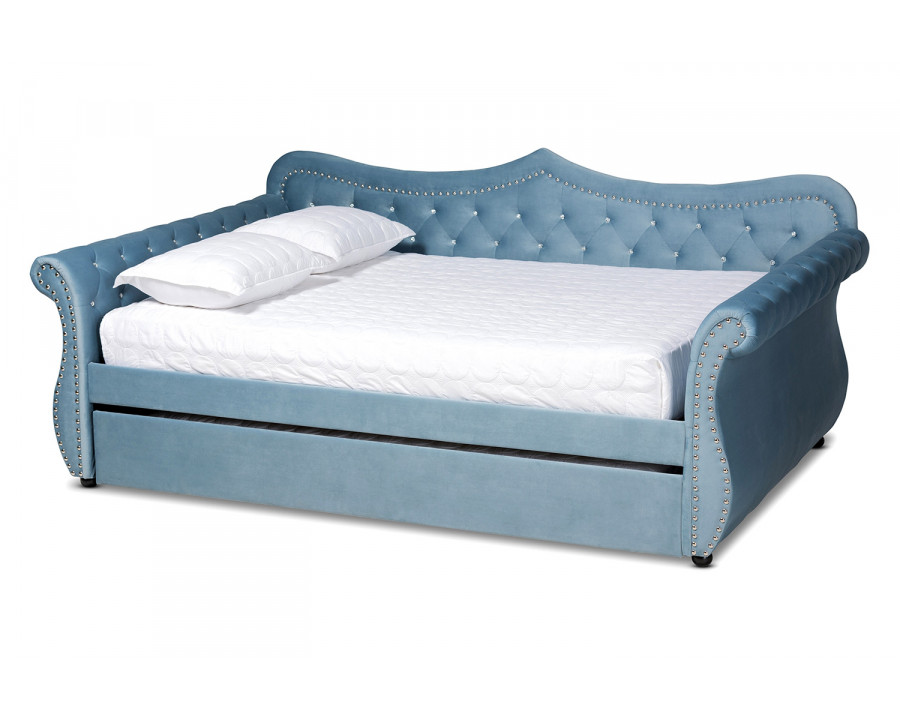 Baxton Abbie Traditional Full Size Daybed with Trundle - Light Blue Velvet