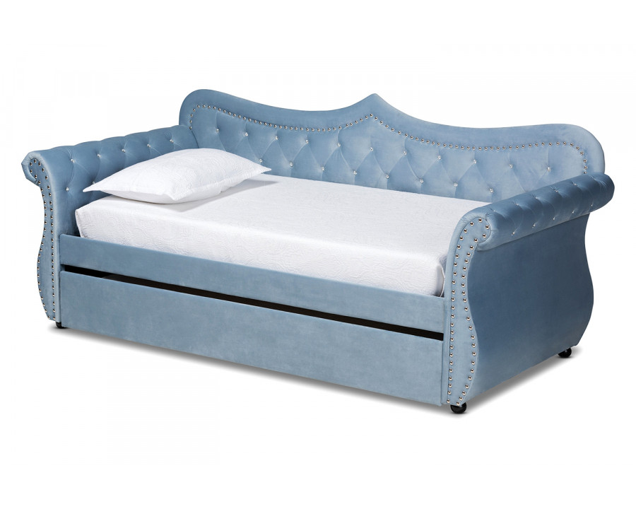 Baxton Abbie Traditional Twin Size Daybed with Trundle - Light Blue Velvet