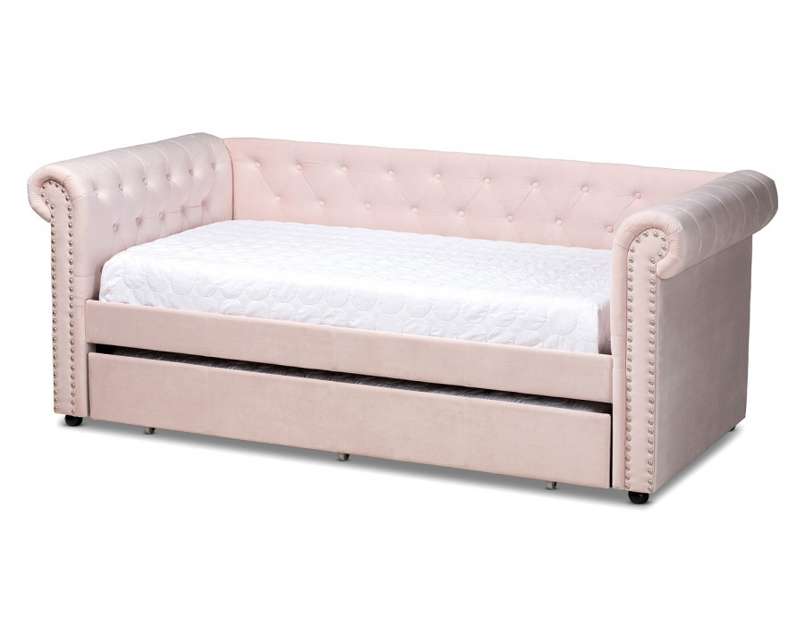 Baxton Mabelle Modern Daybed with Trundle - Light Pink Velvet