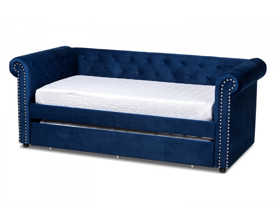 Baxton Mabelle Modern Daybed with Trundle - Navy Blue Velvet