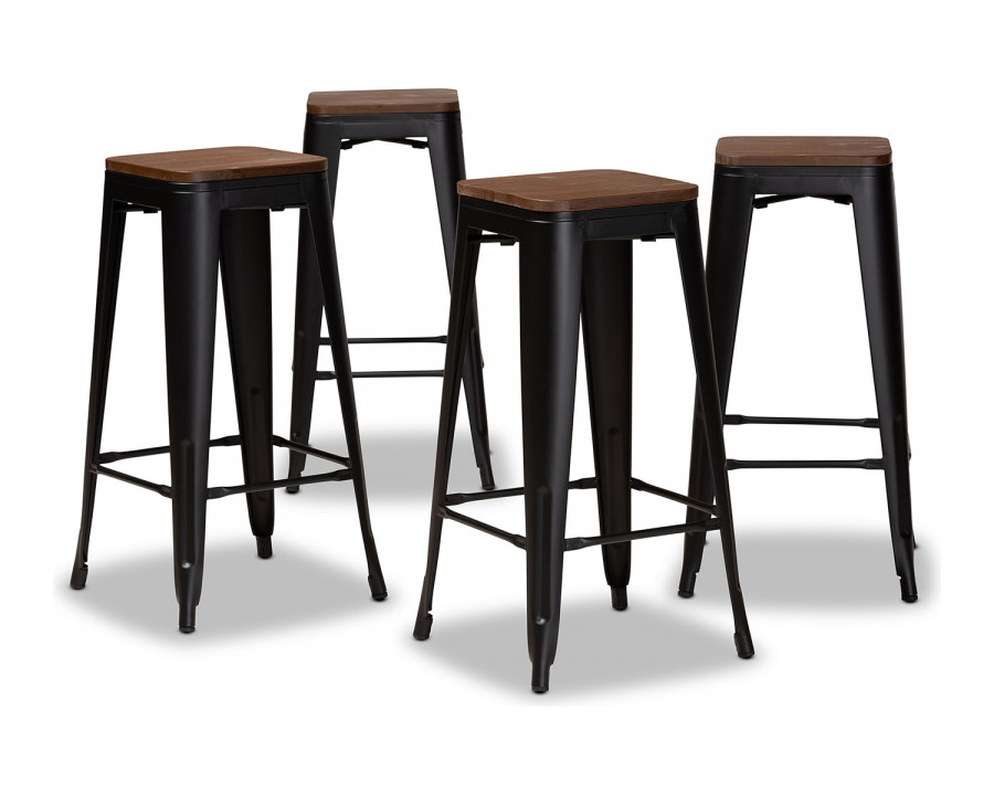 Baxton Horton Modern 4-Piece Bar Stool Set - Black Metal and Walnut Brown