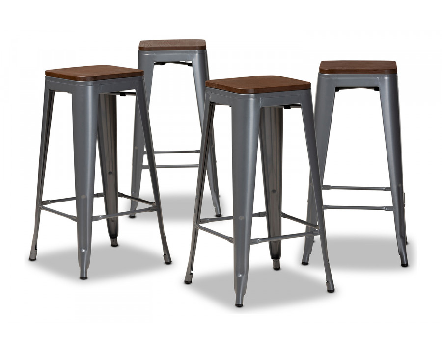 Baxton Horton Modern 4-Piece Bar Stool Set - Gray Metal and Walnut Brown