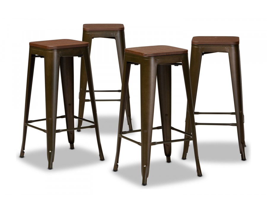 Baxton Horton Modern 4-Piece Bar Stool Set - Brown Metal and Walnut Brown