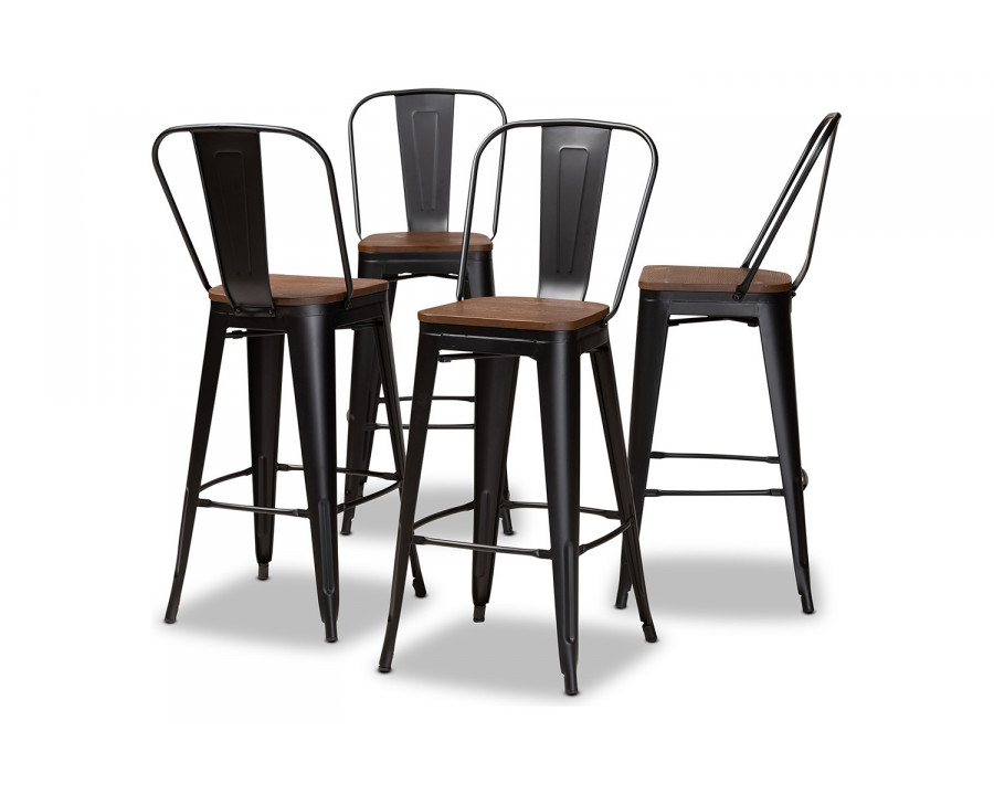 Baxton Rosetta Modern 4-Piece Bar Stool Set - Black Metal and Walnut Brown