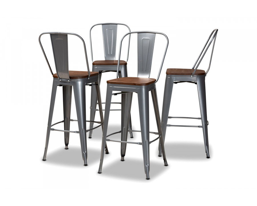 Baxton Rosetta Modern 4-Piece Bar Stool Set - Gray Metal and Walnut Brown