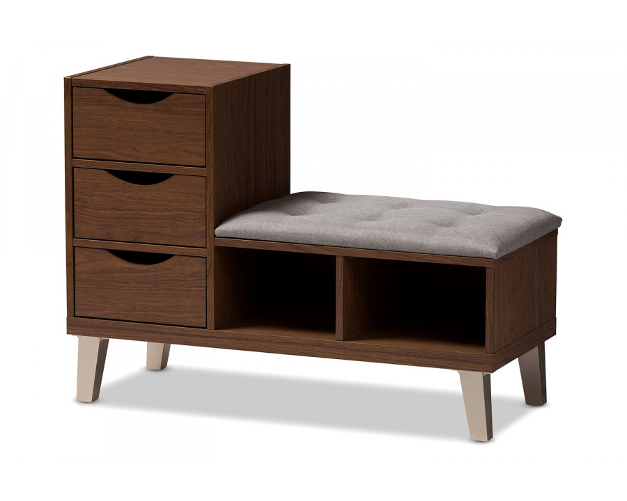 Baxton Arielle Modern 3-Drawer Shoe Seating Bench with Two Open Shelves - Walnut