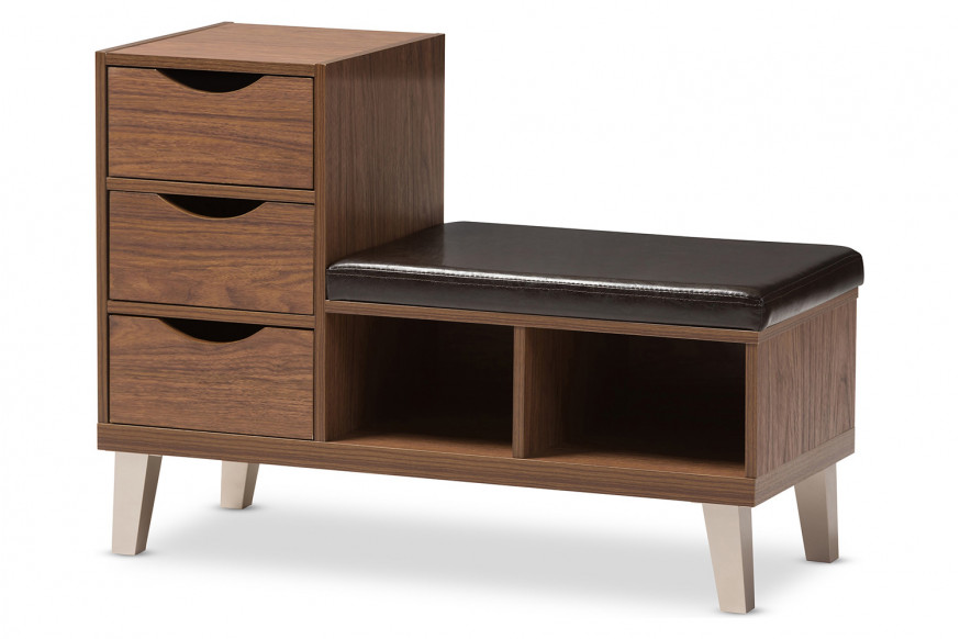 Baxton™ Arielle Modern 3-Drawer Shoe Seating Bench with Two Open Shelves - Walnut Brown