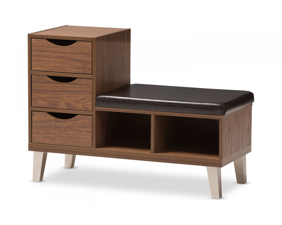 Baxton Arielle Modern 3-Drawer Shoe Seating Bench with Two Open Shelves - Walnut Brown