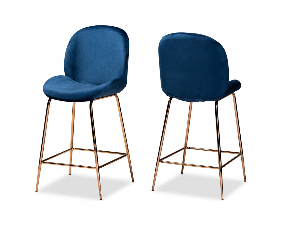 Baxton Lander Modern 2-Piece Counter Stool Set - Navy Blue Velvet