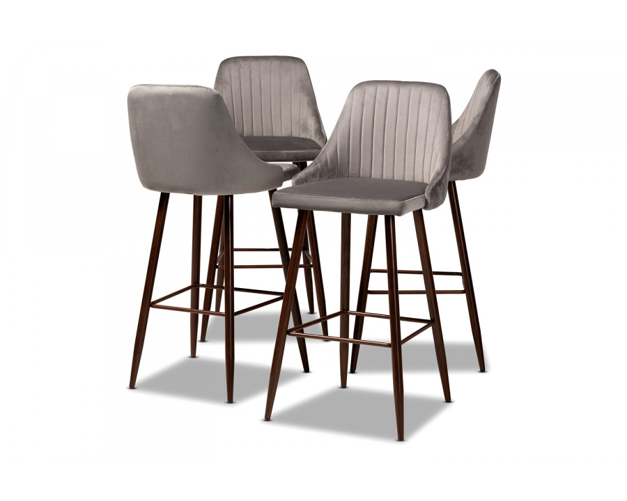 Baxton Walter Mid-Century Contemporary 4-Piece Bar Stool Set - Gray Velvet