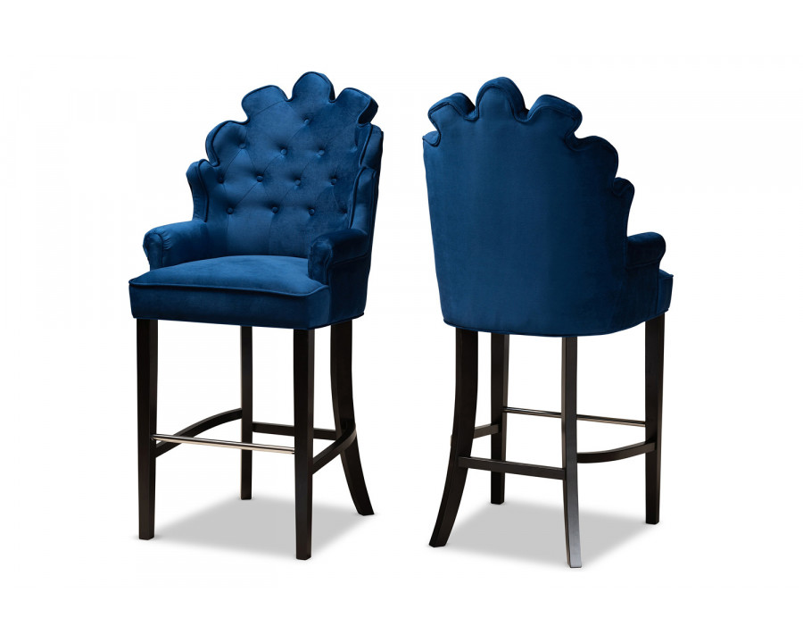 Baxton Chloe Modern 2-Piece Bar Stool Set - Navy Blue Velvet