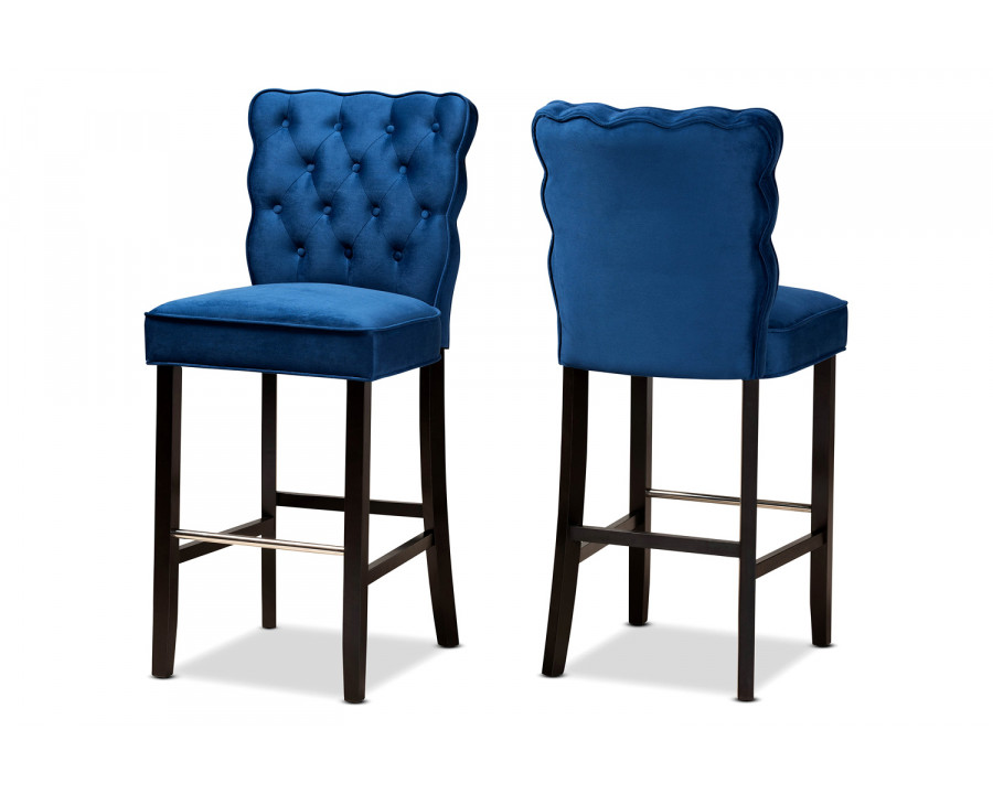 Baxton Daphne Modern 2-Piece Bar Stool Set - Navy Blue Velvet