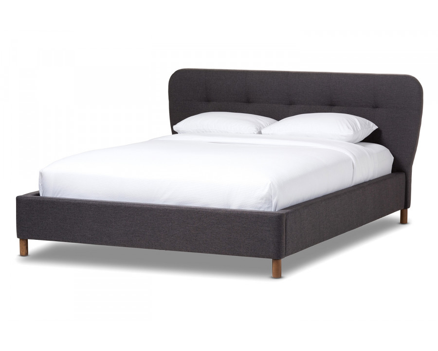 Baxton - Germaine Mid Century Modern Grid Tufting Platform Bed in Dark Grey