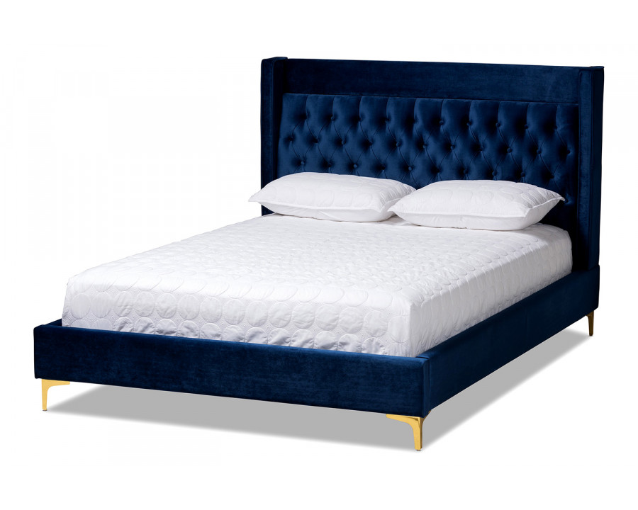 Baxton Valery Modern Platform Bed With Gold Finished Legs King Size - Navy Blue