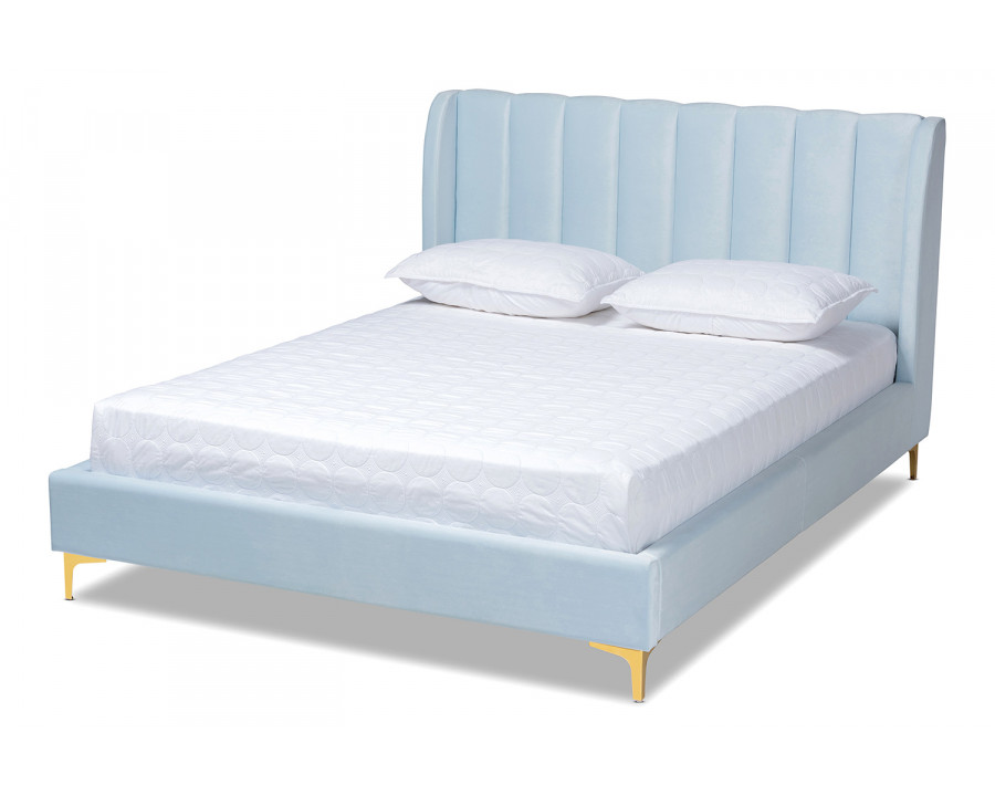 Baxton Saverio Glam Platform Bed with Gold-Tone Legs - Light Blue