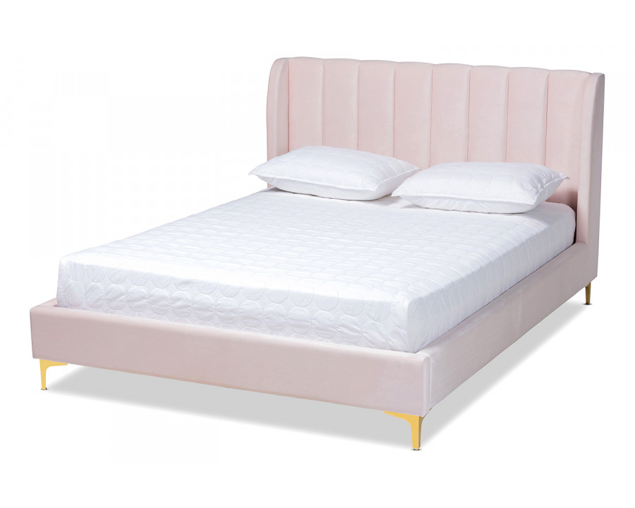 Baxton Saverio Glam Platform Bed with Gold-Tone Legs - Light Pink