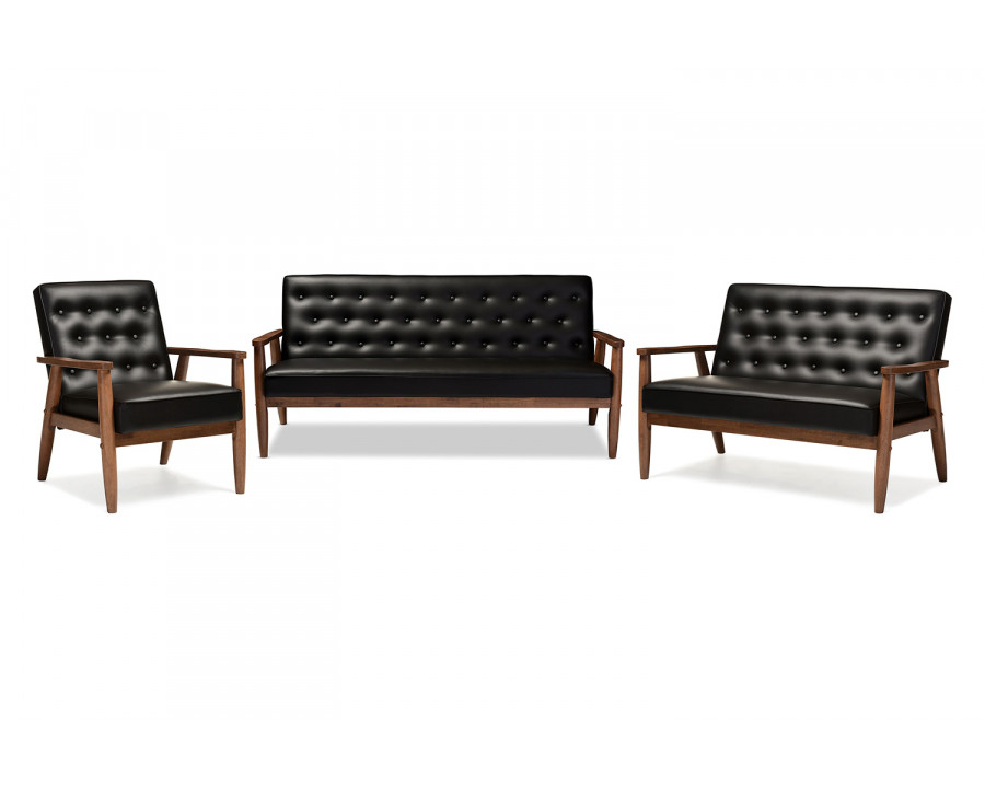 Baxton Sorrento Mid-Century Retro Modern 3-Piece Living Room Set - Black