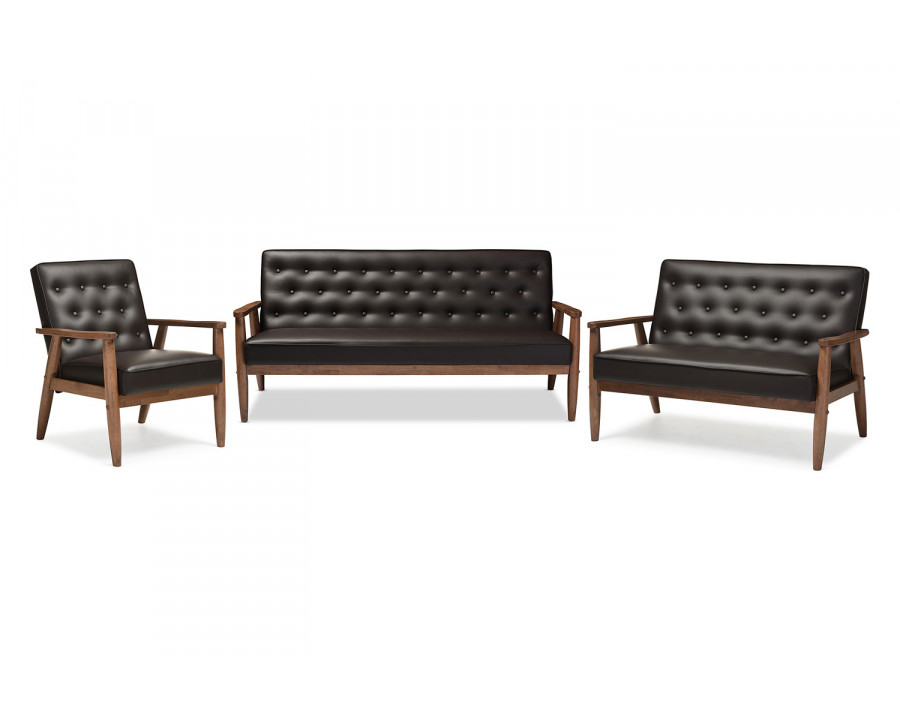 Baxton Sorrento Mid-Century Retro Modern 3-Piece Living Room Set - Brown