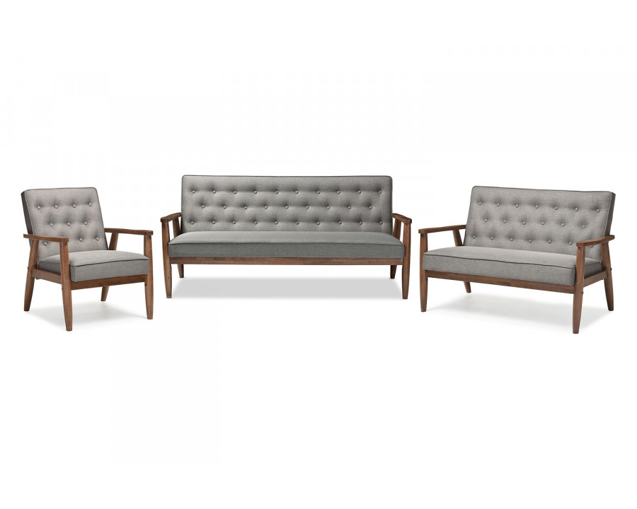 Baxton Sorrento Mid-Century Retro Modern 3-Piece Living Room Set - Gray