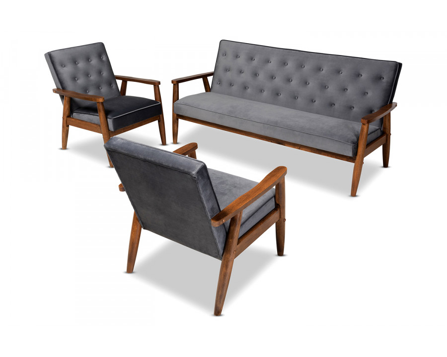 Baxton Sorrento Mid-Century Modern 3-Piece Living Room Set - Gray