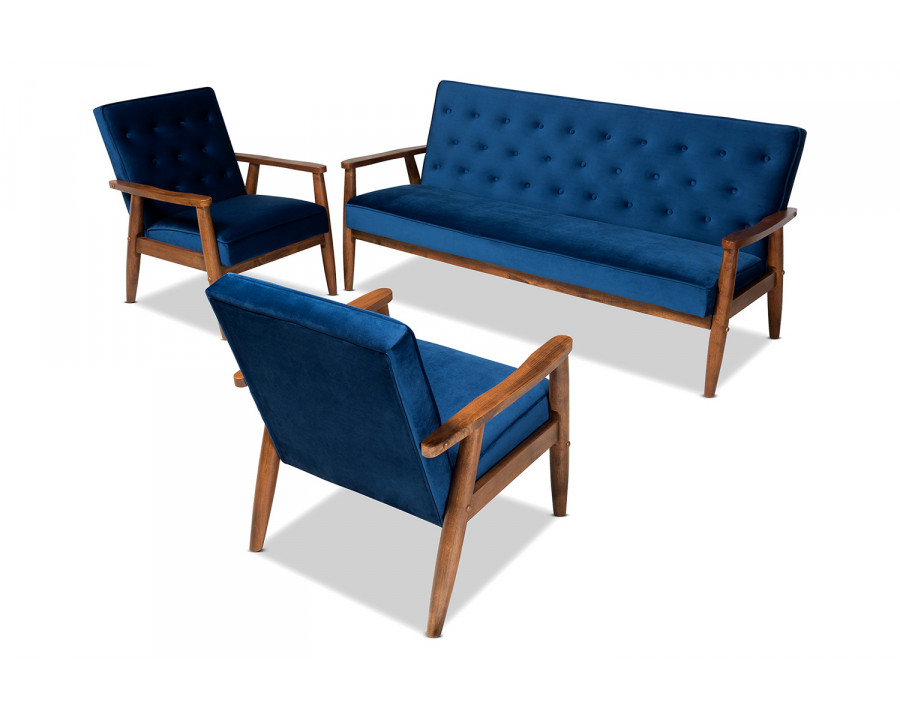 Baxton Sorrento Mid-Century Modern 3-Piece Living Room Set - Navy Blue