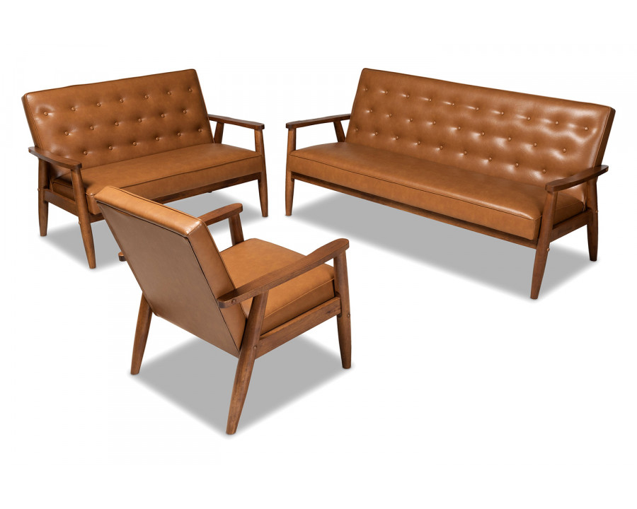 Baxton Sorrento Mid-Century Modern 3-Piece Living Room Set - Tan